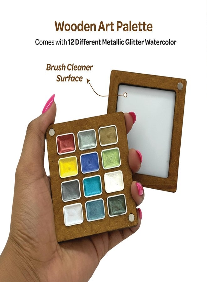 The Crafthives Metallic Watercolour Palette, 12 Shades, Wooden Case with Magnetic Pans, 9x8 cm - Image 2